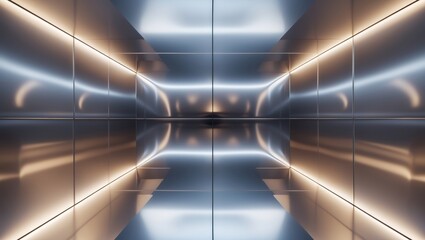 Futuristic minimalist interior in metallic tones with reflections, softly lit with ambient light