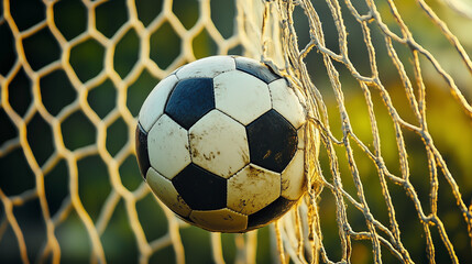 Soccer Ball Caught in Goal Net with Blurred Background