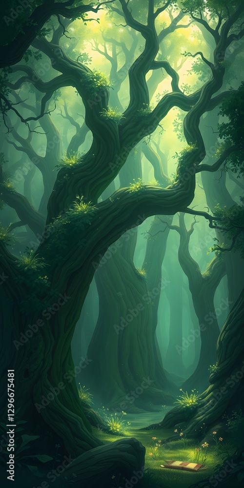 Poster enchanting forest scene with mystical light filtering through lush trees, creating a tranquil atmosp