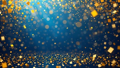 Golden Confetti and Bokeh Effect on Blue Background for Celebrations and Festive Events