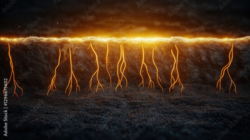 Poster Glowing Roots in Digital Cross Section Showing Layers of Soil in Abstract Form