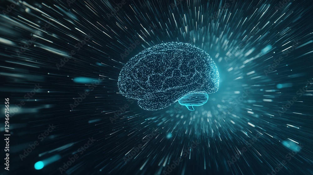 Poster futuristic digital brain scanning imagery with data flow and high-tech visualization effects
