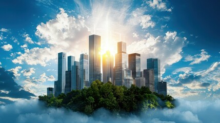 Obraz premium Futuristic skyline blending nature and urban life cityscape digital art bright atmosphere aerial view sustainability