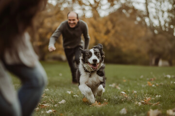 A family playing ball with their dog in a park.