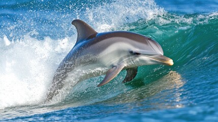 A dolphin carving through a powerful wave, ocean spray rising high