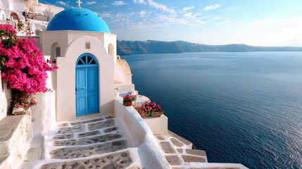 Fototapeta premium Scenic view of Greece Islands, featuring whitewashed buildings, blue-domed churches, vibrant flowers, and breathtaking sea views under a clear blue sky
