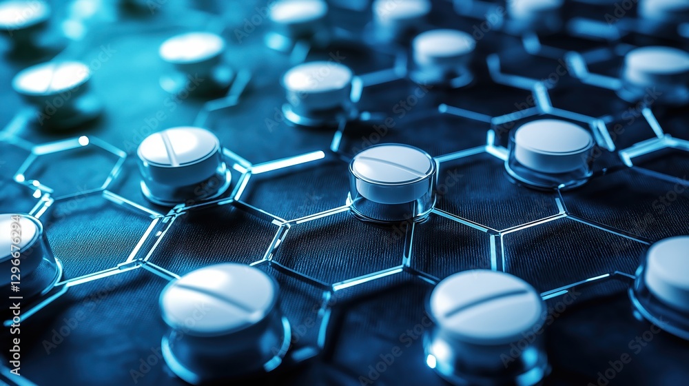 Poster abstract web of glowing pharmaceutical supply chains with circular elements and structure