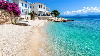 Fototapeta premium Scenic view of Greece Islands, featuring whitewashed buildings, blue-domed churches, vibrant flowers, and breathtaking sea views under a clear blue sky