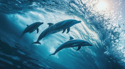 Naklejka premium A dramatic view of dolphins inside a breaking barrel wave