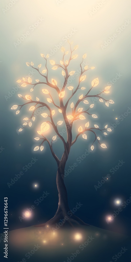 Poster a mystical tree adorned with glowing lights and delicate leaves, creating an enchanting atmosphere, 