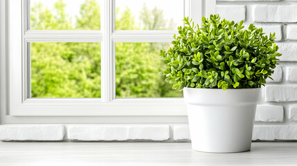 Green Potted Plant by Bright Window with Nature View Outside