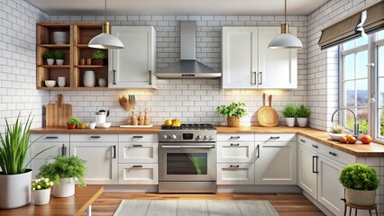 Fototapeta premium Modern Kitchen Design: White Subway Tiles & Essential Appliances