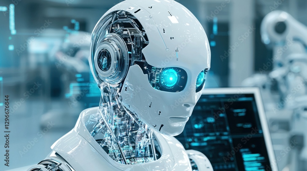 Poster futuristic humanoid robot with glowing blue eyes in a high-tech environment showcasing advanced arti