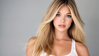 Fototapeta premium Portrait of a young woman with long blonde hair and blue eyes.