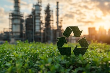 Recycling symbol in green grass near refinery