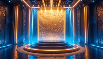 Modern Stage Design with Futuristic Elements and Vibrant Lighting Effects in a Stylish Interior Space