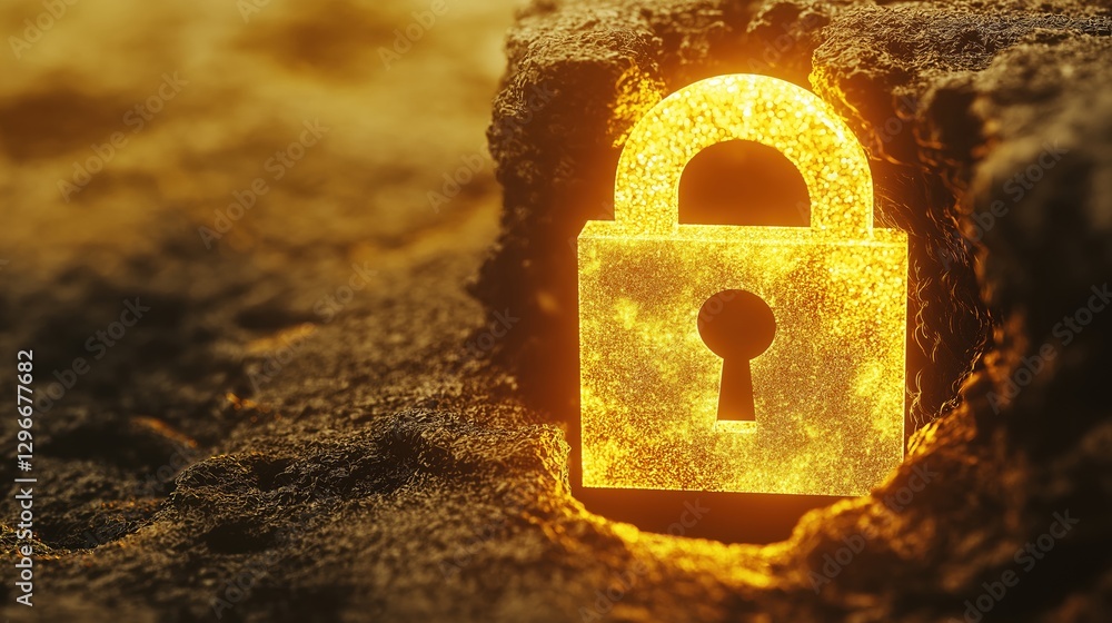 Poster glowing digital lock symbol in a cyber pathway surrounded by a textured environment