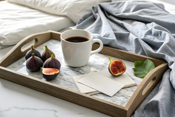 A serene and inviting image of a morning breakfast tray on a bed. The image features a white mug filled with black coffee, positioned on a white marble tray. The tray also holds a few ripe figs