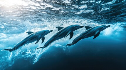 Obraz premium A group of dolphins surfing side by side in a deep blue ocean swell