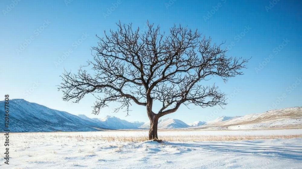 Poster a bare tree in the middle of a snowy field, with no leaves on its branches
