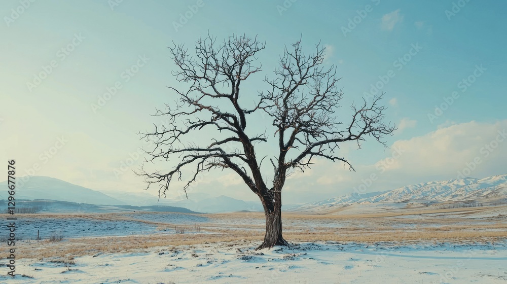 Poster a bare tree in the middle of a snowy field, with no leaves on its branches