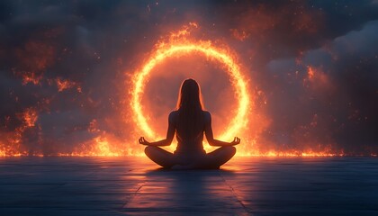 Woman meditating in fiery portal (1)