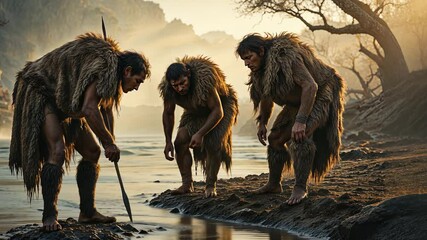 Prehistoric humans engaging in fishing activities along a riverbank area