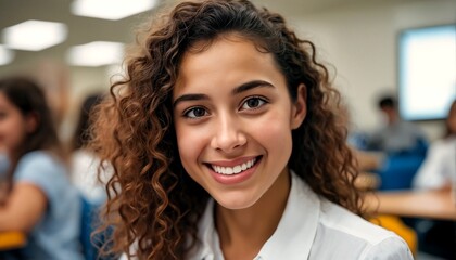 A close-up photograph of two young girls with curly brown hair and white shirts smiling at someone off-camera.