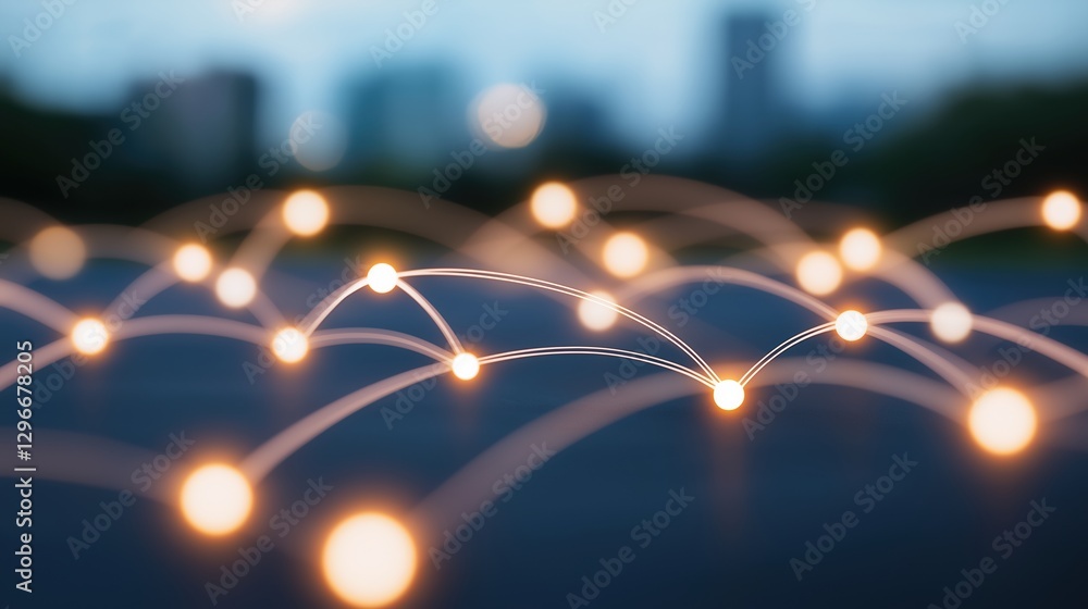Poster abstract art representation of city connectivity with illuminated points and lines