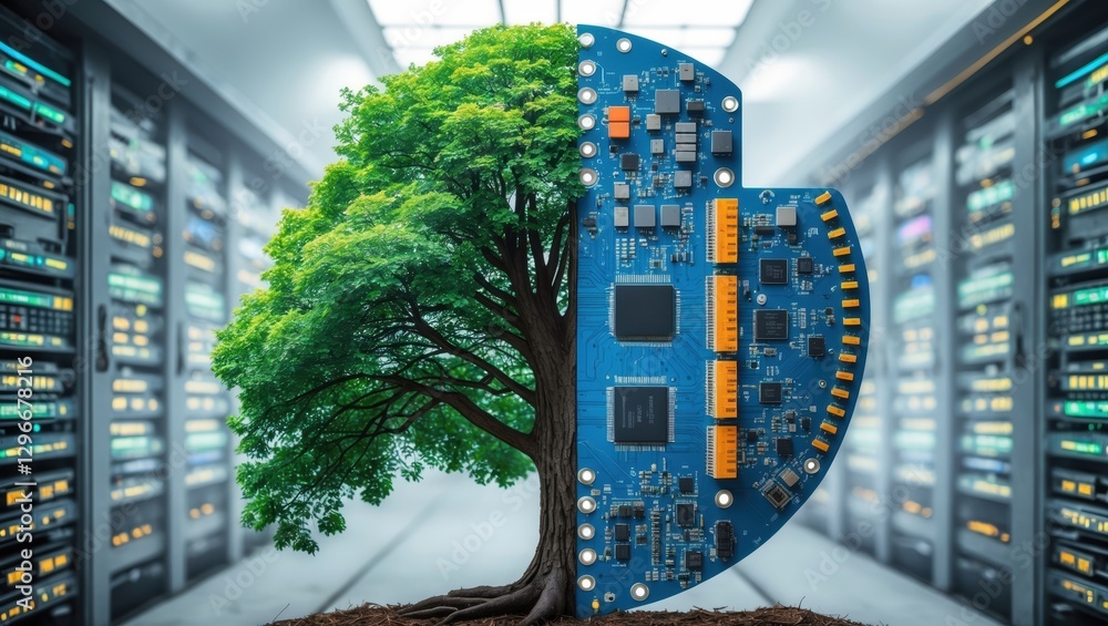 Poster an artistic representation of a tree merging with a blue circuit board, symbolizing the fusion of na