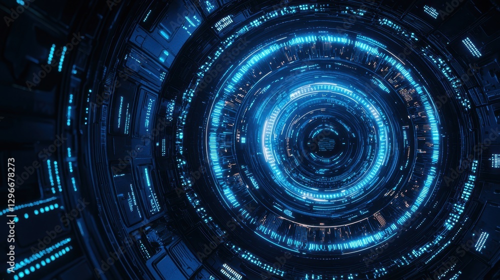 Poster futuristic sci-fi tunnel with glowing blue lights and digital patterns, depicting advanced technolog