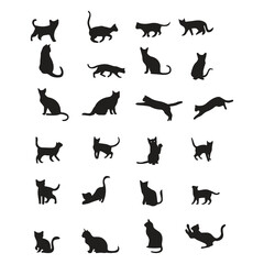 Silhouette Collection of Cats in Various Poses on White Background
