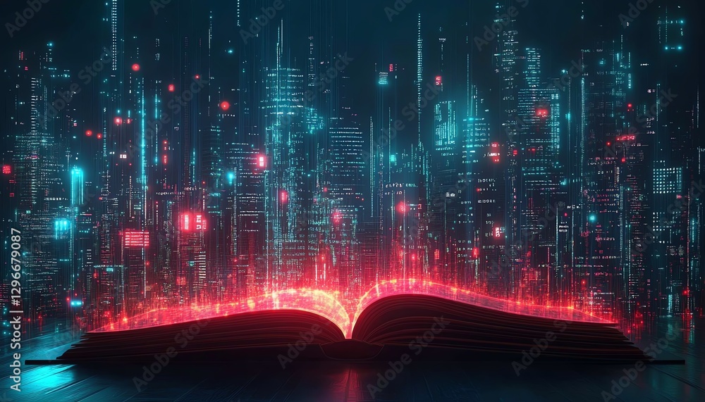 Poster cityscape illuminated by vibrant data streams emerging from an open book, digital tech, ai knowledge