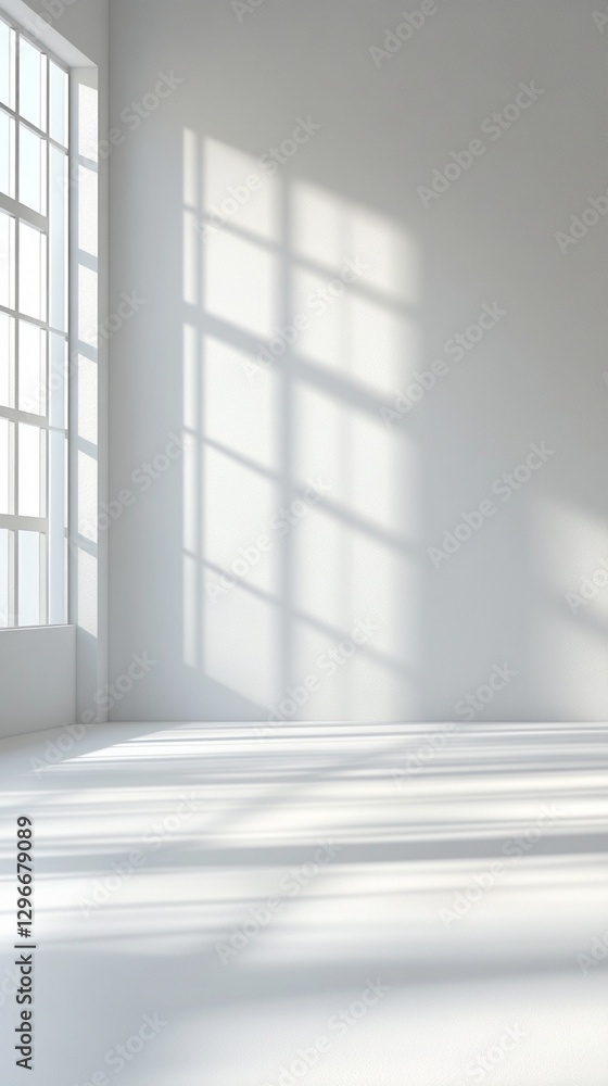 Poster minimalist white interior with dramatic window light casting geometric shadows on empty wall and flo