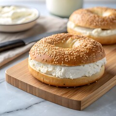 bagel sandwich with fluffy cloud-like cream cheese photo.