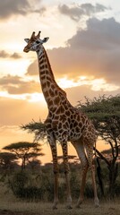 Majestic giraffe standing in african savannah at sunset