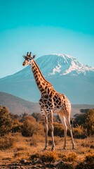 Obraz premium Majestic giraffe standing in african savanna with mount kilimanjaro in background