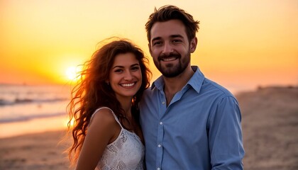Fototapeta premium A happy couple posing for a photo on the beach at sunset.
