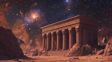 Obraz premium Ancient temple under a starry night. Cosmic Astral Temple. Illustration
