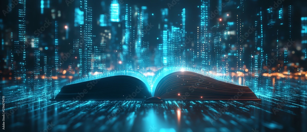 Poster data streams emerging from an open book, futuristic cityscape in the background, digital tech innova