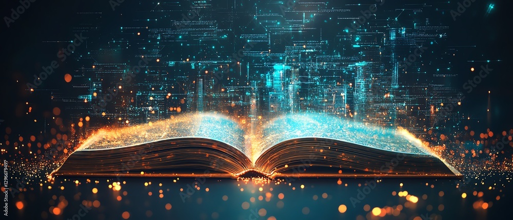 Poster data streams emerging from an open book, futuristic cityscape in the background, digital tech innova