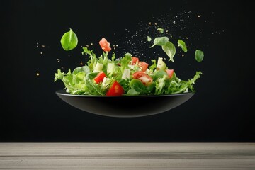 Fresh vegetable salad with lettuce, tomatoes, and cucumbers flying in the air above a black plate on a dark background, with spices and leaves scattered around