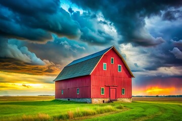 Obraz premium Modern Minimalist Colorful Barn in Field - Vibrant Rural Landscape Stock Photo