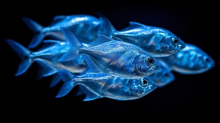Group of shiny blue fish swimming in dark water.