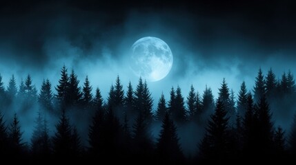 Fototapeta premium Mystical Nighttime Forest Landscape with Full Moon and Misty Trees Shrouded in Blue Hues Under a Starry Sky