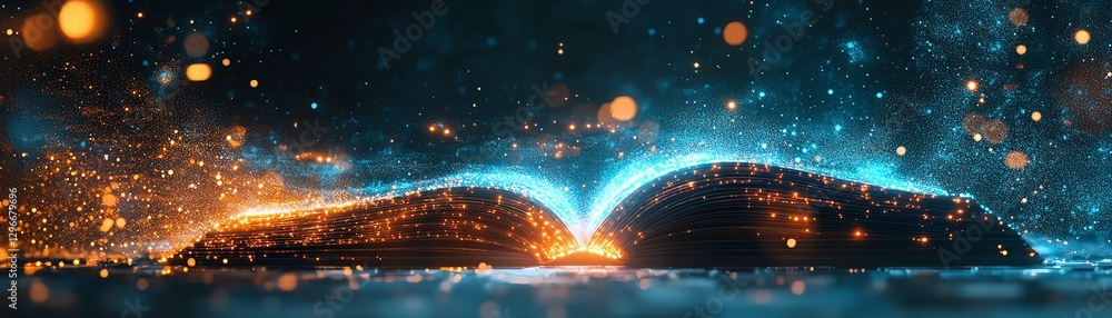 Aufkleber dynamic data streams flowing from an open book with city landscape, digital technology, aidriven cog