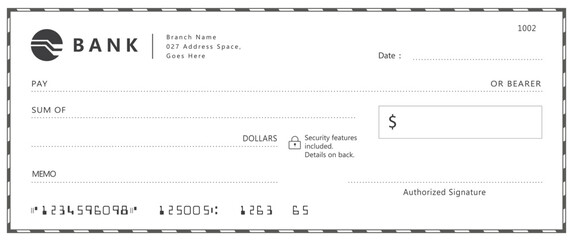Bank check, vector blank money cheque, checkbook template with guilloche pattern and fields. Currency payment coupon, money check background