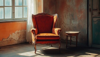 A vibrant, vintage-inspired armchair in an old room with wooden floors and walls painted in deep reds