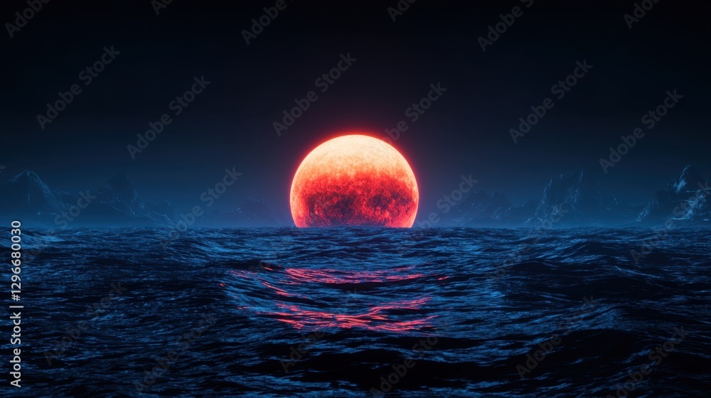 Poster mesmerizing red sun setting over dark mysterious ocean waves with enigmatic mountains in the backgro