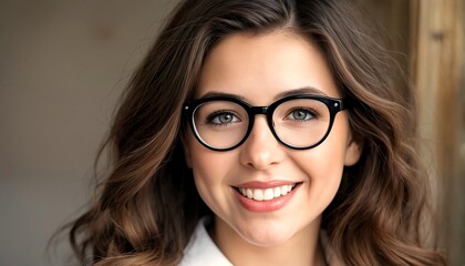 Obraz premium A young woman with long brown hair and glasses smiling at the camera.